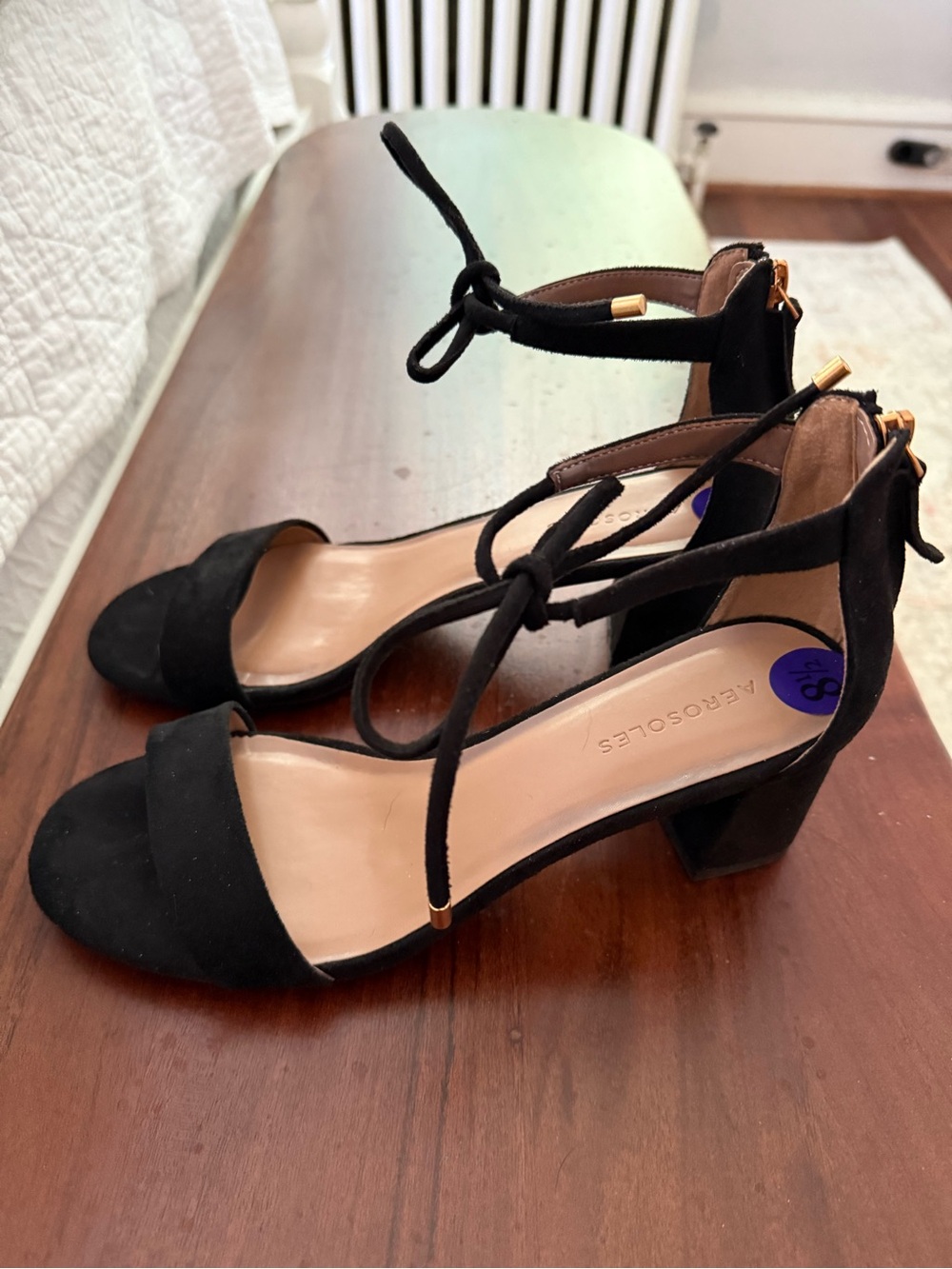 AEROSOLES Black Suede Ankle-Tie Block Sandals.